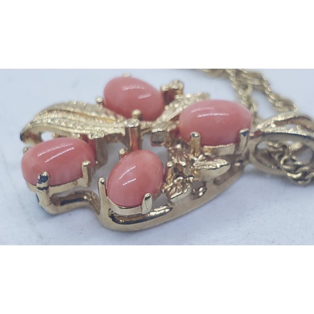 Vintage 14K Gold Plated Coral Necklace Leaf Pendant Rope Chain - Picture 4 of 11